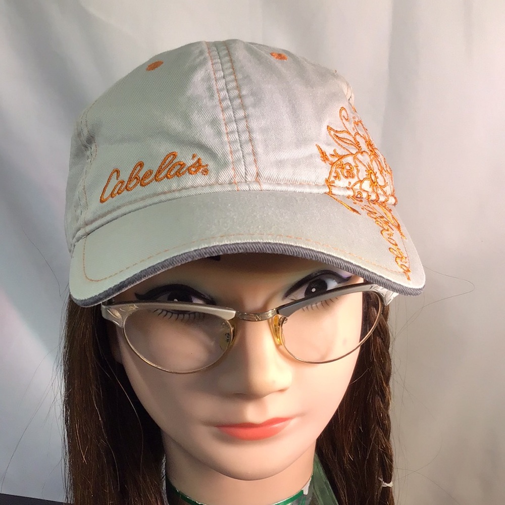 Cabela's trucker hat ball cap brimmed hat Greige w orange embroidery adjustable